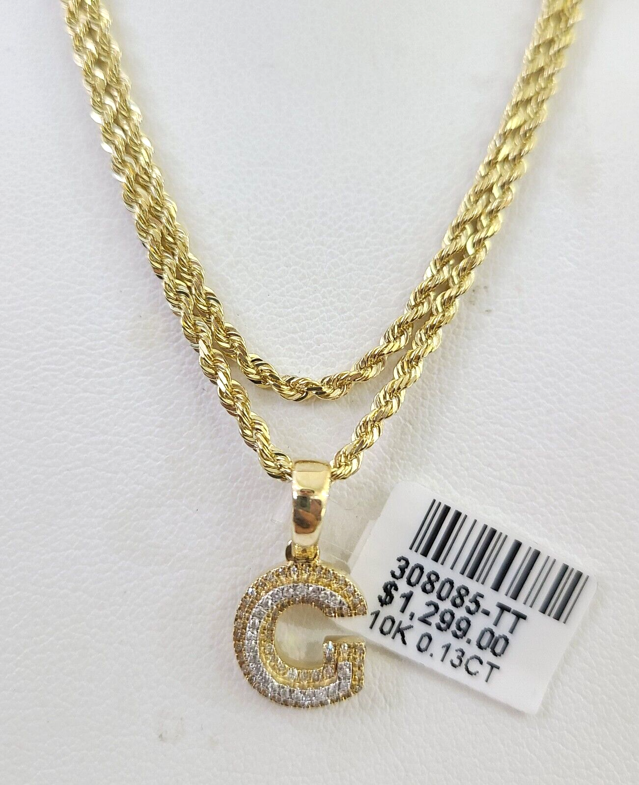 10k Solid Rope Chain 2mm G Initial Diamond Pendant Charm Necklace SET 18-22 in